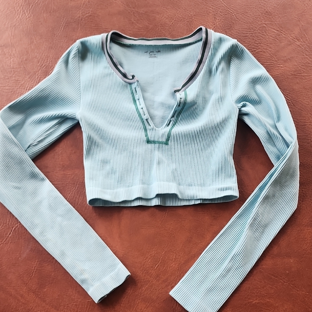 Urban Outfitters Blue Polo Collar Ribbed Crop Blouse